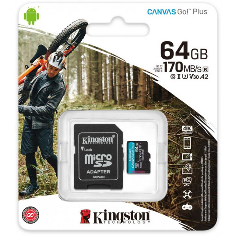 Карта пам`яті MicroSDXC 64GB UHS-I/U3 Class 10 Kingston Canvas Go! Plus R170/W70MB/s + SD-адаптер (SDCG3/64GB)