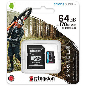 Карта пам`яті MicroSDXC 64GB UHS-I/U3 Class 10 Kingston Canvas Go! Plus R170/W70MB/s + SD-адаптер (SDCG3/64GB)