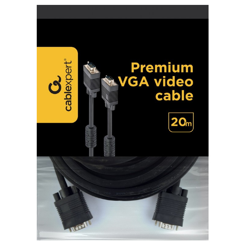 Кабель Cablexpert VGA - VGA (M/M), HD15, з 2-ма фер. кільцями, чорний, 20 м (CC-PPVGA-20M-B) пакет