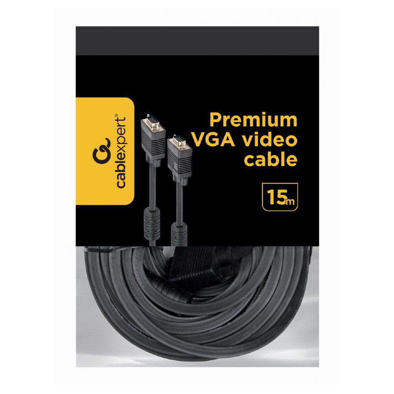 Кабель Cablexpert VGA - VGA (M/M), HD15, з 2-ма фер. кільцями, чорний, 15 м (CC-PPVGA-15M-B) пакет