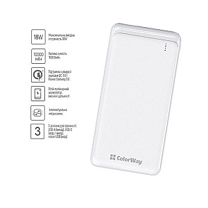 Універсальна мобільна батарея ColorWay Slim PD 10000mAh White (CW-PB100LPG3WT-PD)
