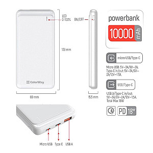 Універсальна мобільна батарея ColorWay Slim PD 10000mAh White (CW-PB100LPG3WT-PD)