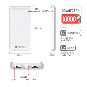 Універсальна мобільна батарея ColorWay Slim 10000mAh White (CW-PB100LPF2WT)