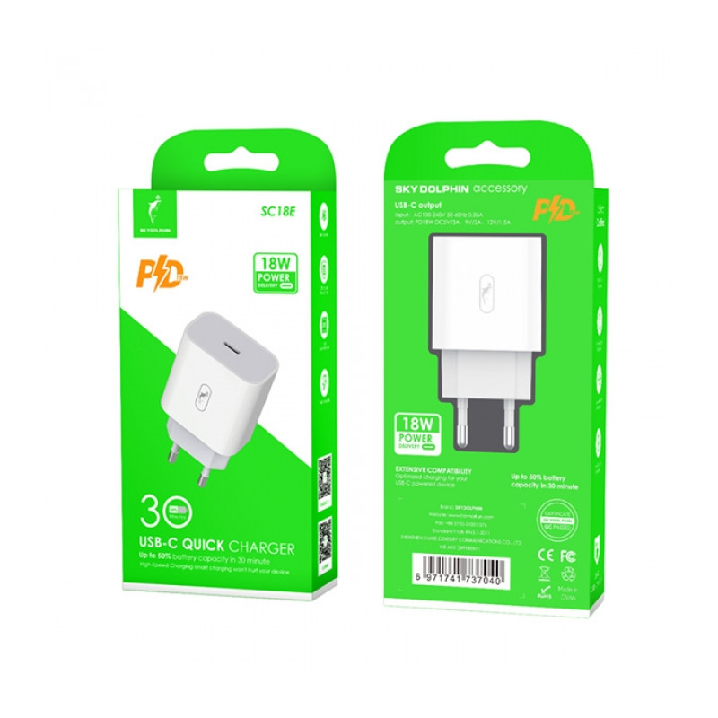 Зарядний пристрій SkyDolphin SC18E PD2.0 (1USB-С, 3A) White (MZP-000155)