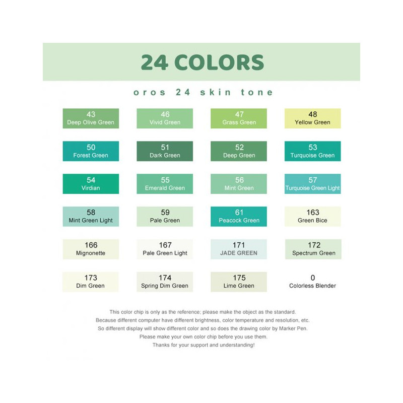 Спиртові маркери Arrtx Oros ASM-03GN 24 кольора, зелені відтінки (LC302512)