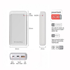 Універсальна мобільна батарея ColorWay Slim 20000mAh White (CW-PB200LPG3WT-PD)