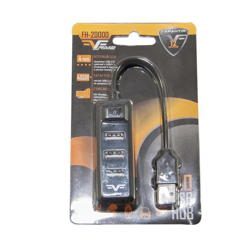 Концентратор USB 2.0 Frime 4хUSB2.0 Black (FH-20000)