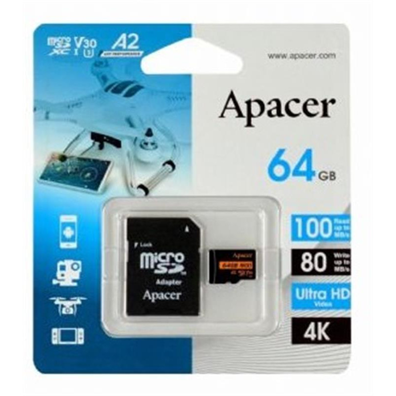 Карта пам`ятi MicroSDXC  64GB UHS-I/U3 Class 10 Apacer (AP64GMCSX10U8-R) + SD адаптер