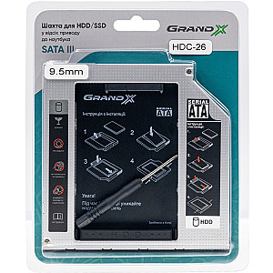 Адаптер Grand-X для підключення HDD 2.5" у відсік приводу ноутбука SATA3 Slim 9.5мм (HDC-26)