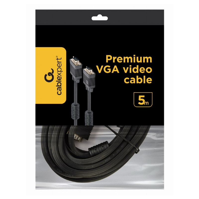 Кабель Cablexpert VGA - VGA (M/M), HD15, з 2-ма фер. кільцями, чорний, 5 м (CC-PPVGA-5M-B) пакет
