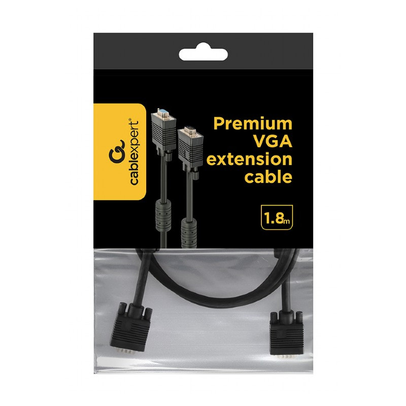 Кабель подовжувач Cablexpert VGA -VGA (M/F), HD15 з 2-ма фер. кільцями, 1.8 м, чорний (CC-PPVGAX-6B)