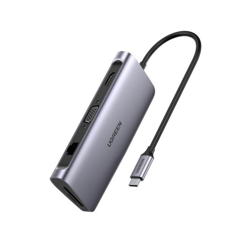Концентратор USB Type-C Ugreen CM179 3xUSB 3.0 + HDMI + VGA + RJ45 1000M Ethernet + Cardreader, Gray (40873)