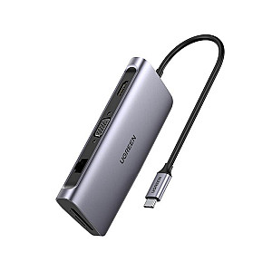 Концентратор USB Type-C Ugreen CM179 3xUSB 3.0 + HDMI + VGA + RJ45 1000M Ethernet + Cardreader, Gray (40873)