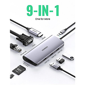 Концентратор USB Type-C Ugreen CM179 3xUSB 3.0 + HDMI + VGA + RJ45 1000M Ethernet + Cardreader, Gray (40873)