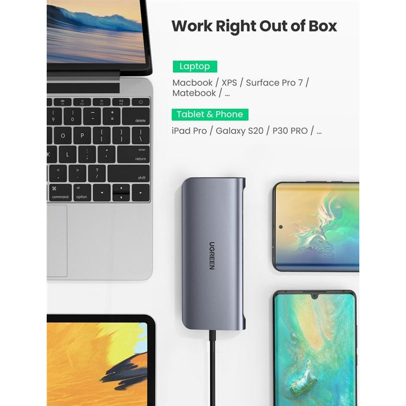 Концентратор USB Type-C Ugreen CM179 3xUSB 3.0 + HDMI + VGA + RJ45 1000M Ethernet + Cardreader + 3.5 мм, Gray (80133)