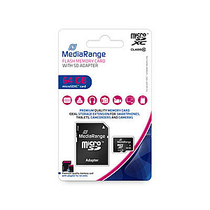 Карта пам`ятi MicroSDHC  64GB Class 10 MediaRange R60/W15MB/s + SD-adapter (MR955)