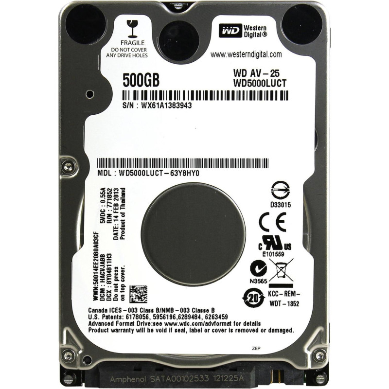 Накопичувач HDD 2.5" SATA  500GB WD AV-25 16MB 5400rpm (WD5000LUCT) Refurbished