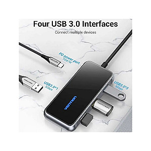 Концентратор Vention 5 в 1 Type-C-USB-PD 4USB 3.0 87W 4K 30Hz 0.15m Black (TFDHB)