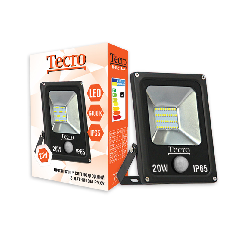Світлодіодний прожектор Tecro TL-FL-20B-PR 20W 6400K з датчиком руху