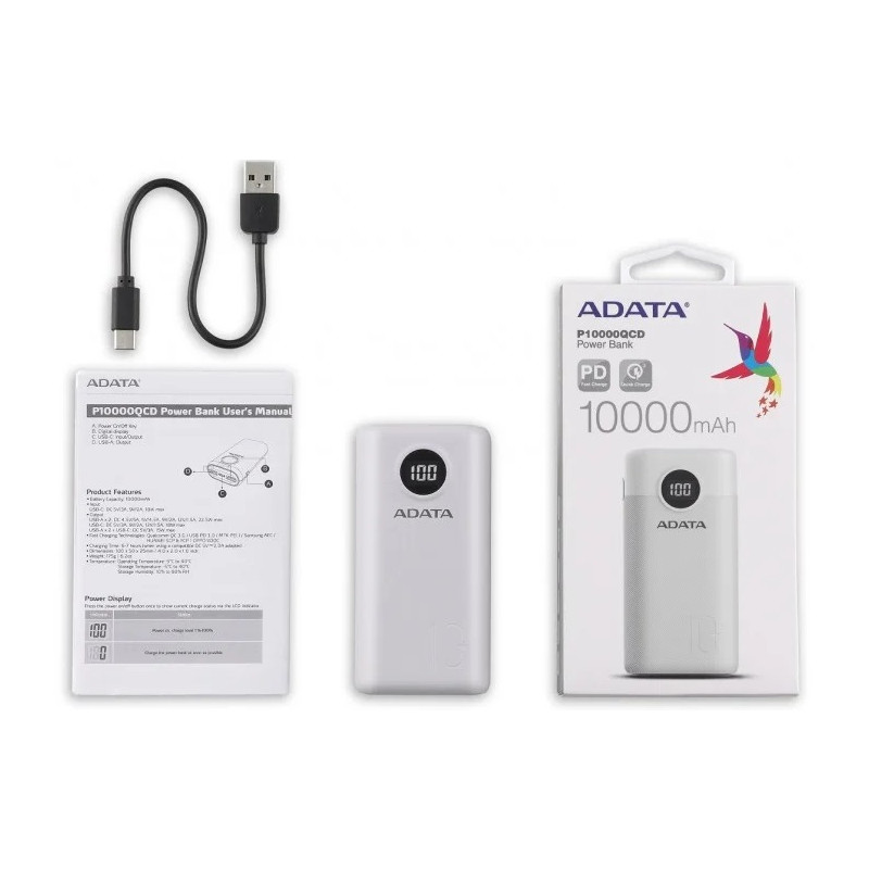 Універсальна мобільна батарея A-DATA P10000QCD 10000mAh White (AP10000QCD-DGT-CWH)