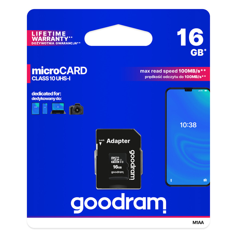 Карта пам`яті MicroSDHC 16GB UHS-I Class 10 GOODRAM + SD-adapter (M1AA-0160R12)