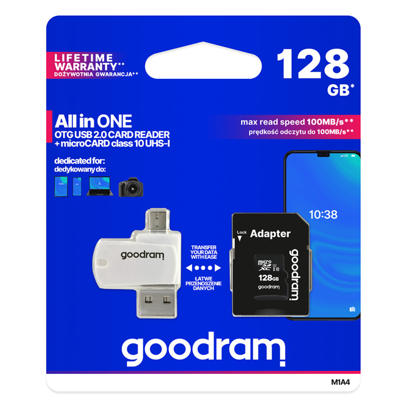 Карта пам`ятi MicroSDXC 128GB UHS-I Class 10 GOODRAM + SD-adapter + OTG Card reader (M1A4-1280R12)